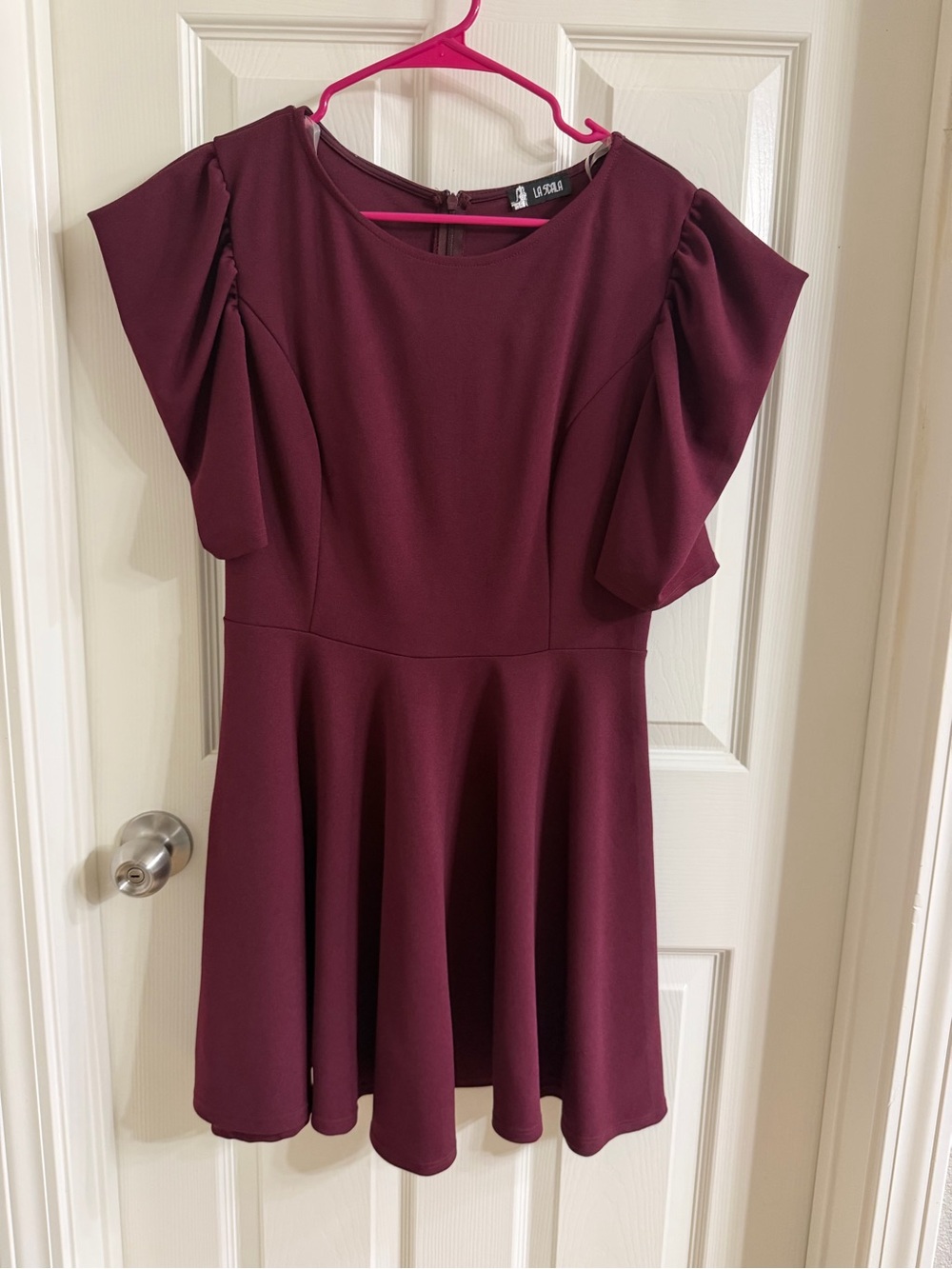 La Scala Burgundy Fit & Flare Dress Ruffle Flutter Sleeves